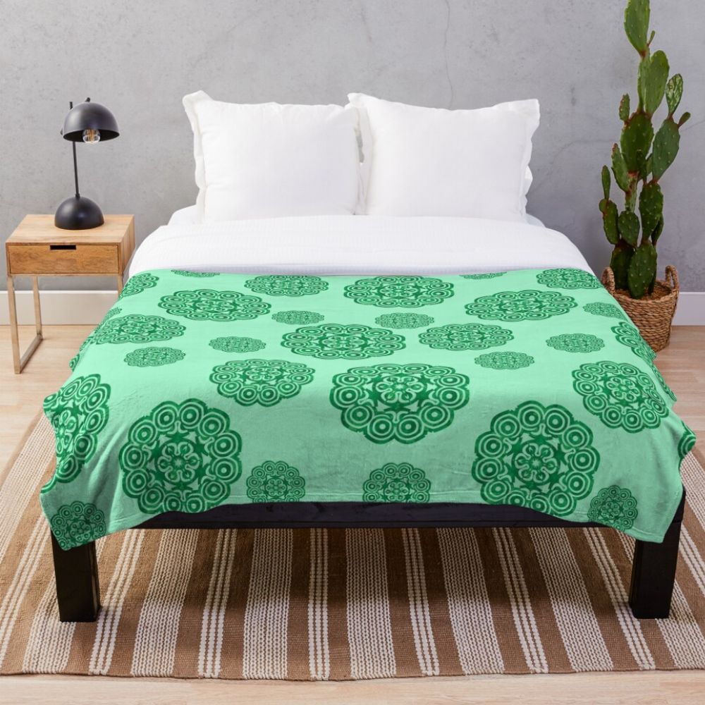 green mandala floral silhouette pattern throw blanket Redbubble